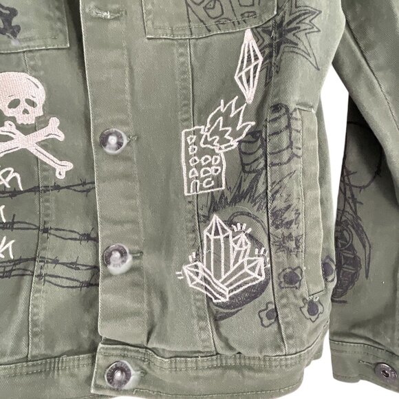 Black Pike Handcrafted Olive Green Denim Jacket Graphic Button Front  Size S - Picture 5 of 9